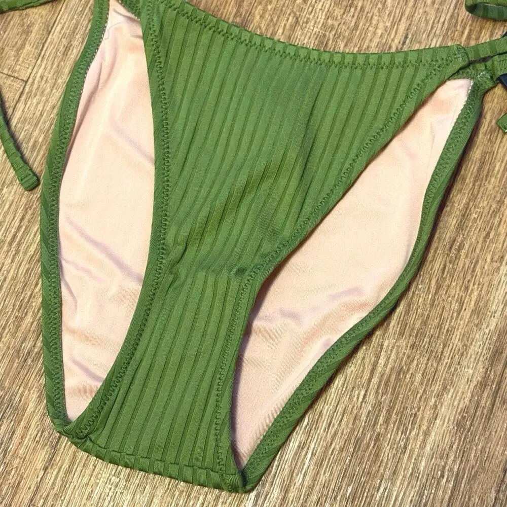 J. Crew Green Wide-Rib Curved-Waist Cheeky String Bikini Bottom with Rings